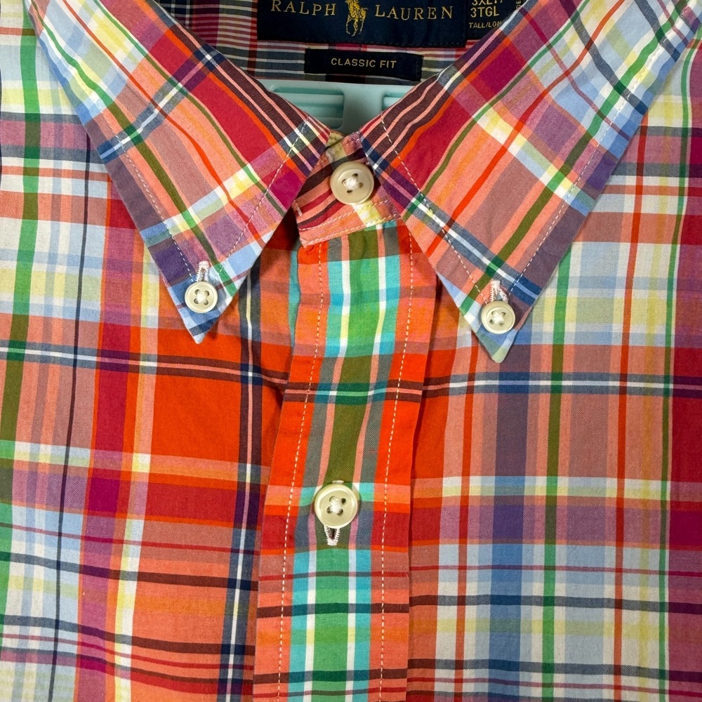 Ralph Lauren Shirt Mens 3XLT Tall Orange Blue Button Down Oxford Plaid Pony - Picture 4 of 11